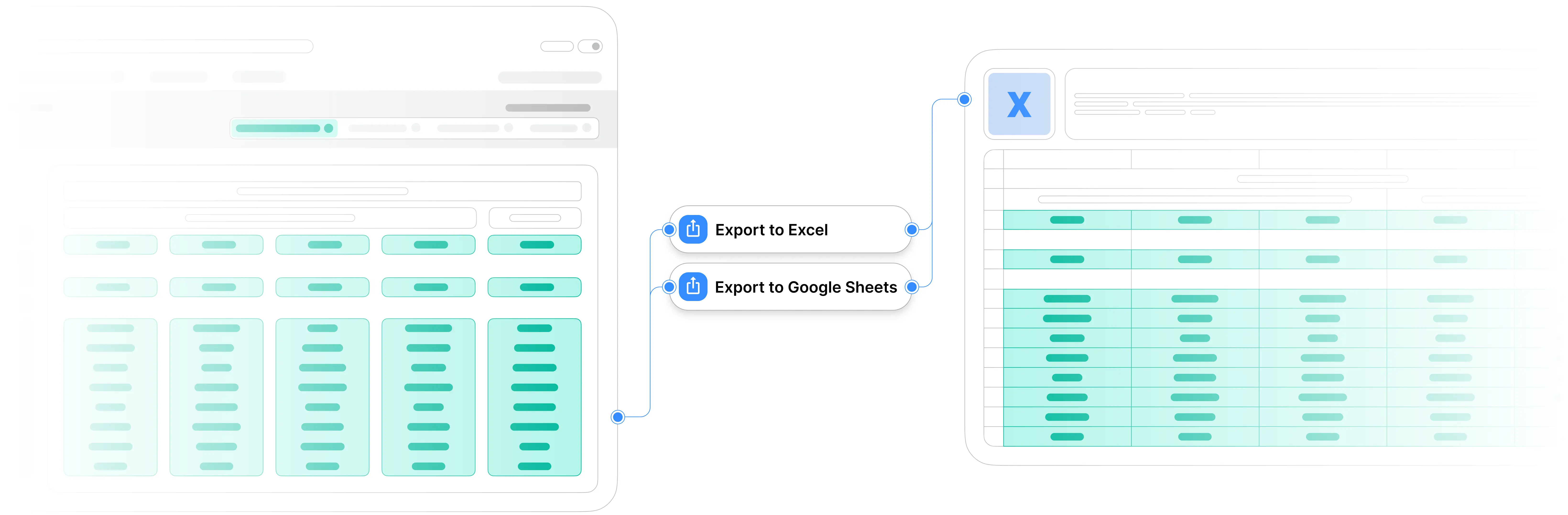 Blendwise export functionality showing pricing grid export to Excel and Google Sheets